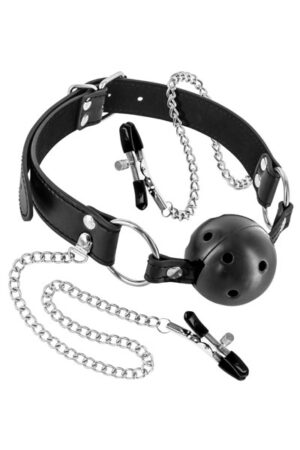 Fetish Tentation - Ball Gag Traspirante con Pinze per Capezzoli - Nera