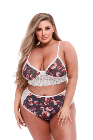 Completo reggiseno floreale grigio e pizzo, XL