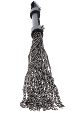 Frusta a catena in vera pelle nera