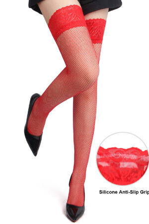 Oh Yeah - Calze a Rete con Banda Superiore in Pizzo - Rosse