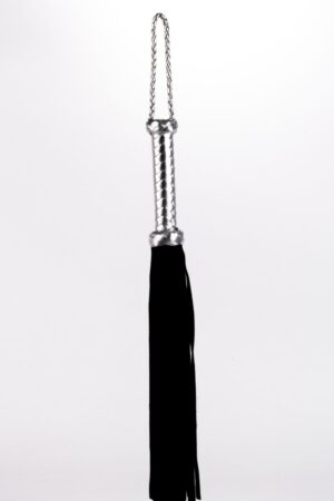 Frusta con manico in pelle metallizzata e estremità in pelle scamosciata, nera, 18