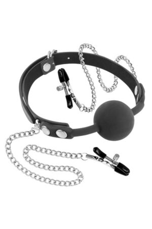 Fetish Tentation- - Ball Gag Classica con Pinze per Capezzoli - Nera