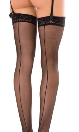 CALZA AUTOREGGENTE IN PIZZO TRASPARENTE CON CUCITURA POSTERIORE, NERA, OS