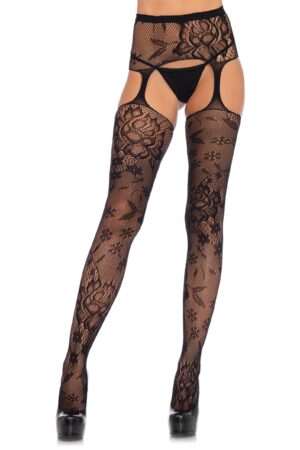 Calze in pizzo floreale con reggicalze nere