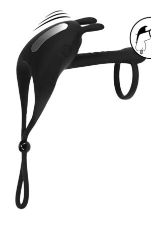 Anello per pene e passante vibrante regolabile in silicone a forma di coniglietto - Nero