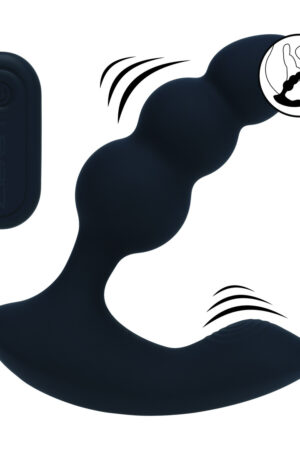 Stimolatore prostatico vibrante a liquido in silicone con doppio motore e telecomando, con perline - Nero