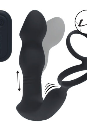 Stimolatore prostatico vibrante a spinta con telecomando, in silicone, con anello per il pene - Nero