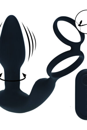 Stimolatore prostatico in silicone con doppio telecomando vibrante e perline rotanti, con anello per pene e testicoli - Nero