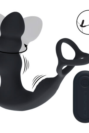Stimolatore prostatico in silicone con doppia vibrazione, telecomando e testina rotante, con anello per pene e testicoli - Nero