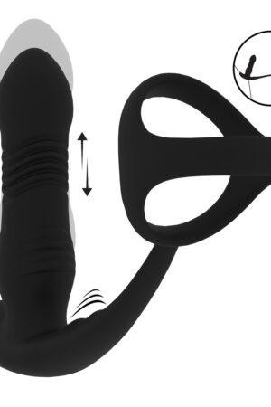 Massaggiatore prostatico vibrante e a spinta in silicone con anello per pene Tri O - Nero